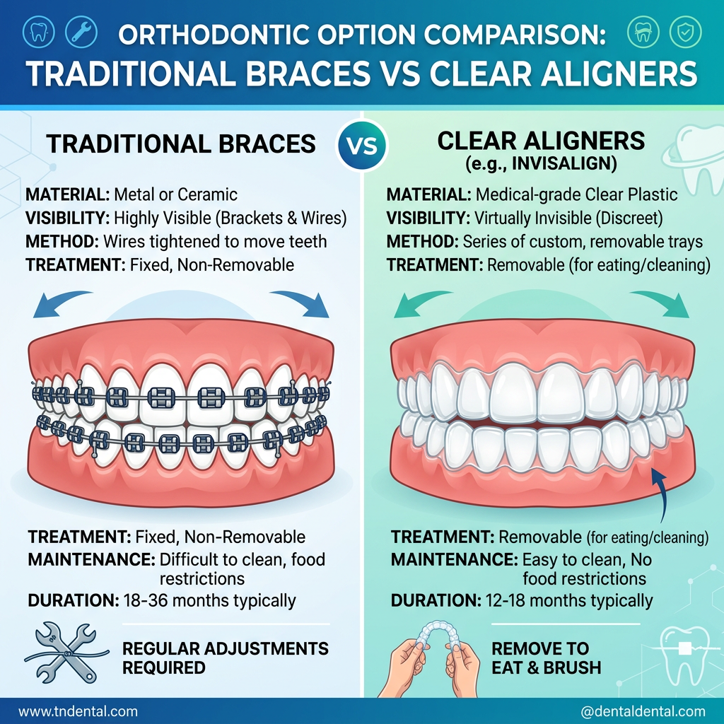 Comparison chart showing differences between traditional braces and clear aligners including material, visibility, method, treatment, maintenance, and duration.